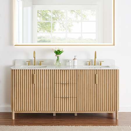 Altair Sierra 72" Free Standing Double Basin Vanity Set with Cabinet and Engineered Stone Vanity Top Washed Light Brown