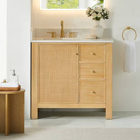 Altair Cedar 36" Free Standing Single Basin Vanity Set with Cabinet and Engineered Stone Vanity Top Natural Wood