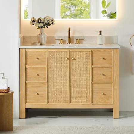 Altair Cedar 48" Free Standing Single Basin Vanity Set with Cabinet and Engineered Stone Vanity Top Natural Wood