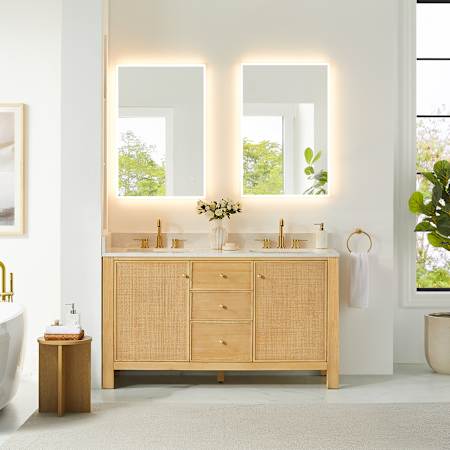 Altair Cedar 60" Free Standing Double Basin Vanity Set with Cabinet, Engineered Stone Vanity Top, and Frameless Mirror Natural Wood