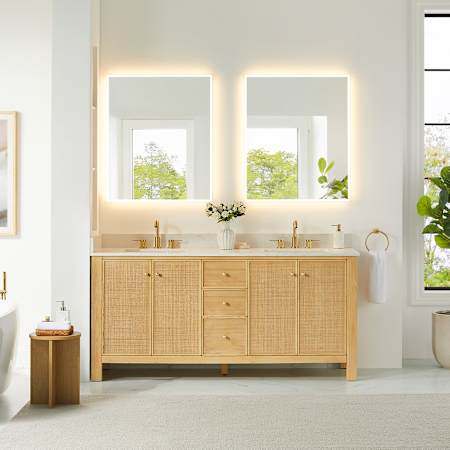 Altair Cedar 72" Free Standing Double Basin Vanity Set with Cabinet, Engineered Stone Vanity Top, and Frameless Mirror Natural Wood