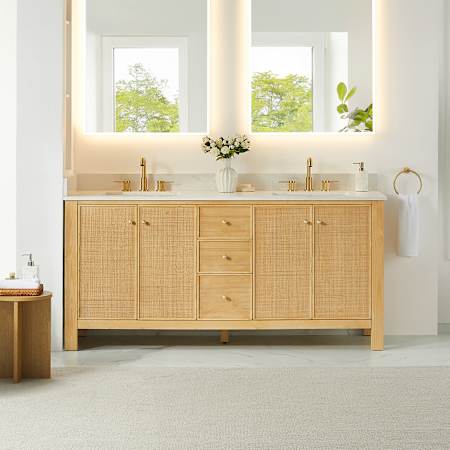 Altair Cedar 72" Free Standing Double Basin Vanity Set with Cabinet and Engineered Stone Vanity Top Natural Wood