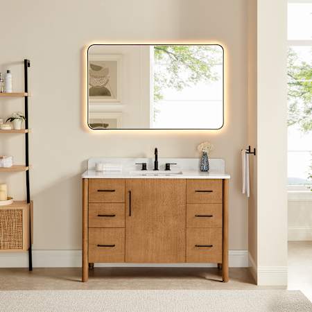 Altair Velora 48" Free Standing Single Basin Vanity Set with Cabinet, Engineered Stone Vanity Top, and Framed Mirror Mango Brown