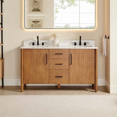 Altair Velora 60" Free Standing Double Basin Vanity Set with Cabinet and Engineered Stone Vanity Top Mango Brown