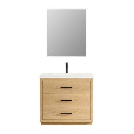 Altair Sigrid 36" Free Standing Single Basin Vanity Set with Cabinet, Engineered Stone Vanity Top, and Frameless Mirror White Oak