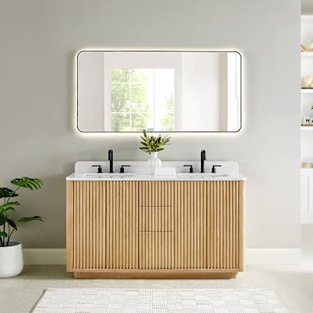 Altair Clayton 60" Free Standing Double Basin Vanity Set with Cabinet, Engineered Stone Vanity Top, and Framed Mirror Washed Light Brown