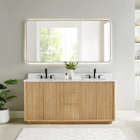 Altair Clayton 72" Free Standing Double Basin Vanity Set with Cabinet, Engineered Stone Vanity Top, and Framed Mirror Washed Light Brown