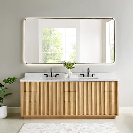 Altair Clayton 84" Free Standing Double Basin Vanity Set with Cabinet, Engineered Stone Vanity Top, and Framed Mirror Washed Light Brown