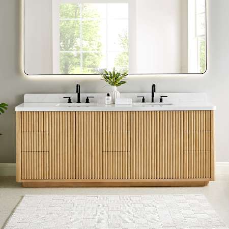 Altair Clayton 84" Free Standing Double Basin Vanity Set with Cabinet and Engineered Stone Vanity Top Washed Light Brown