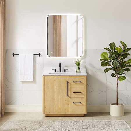Altair Serene 36" Free Standing Single Basin Vanity Set with Cabinet, Engineered Stone Vanity Top, and Framed Mirror Nature Brown