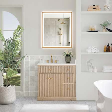 Altair Barnett 36" Free Standing Single Basin Vanity Set with Cabinet and Engineered Stone Vanity Top Natural Oak