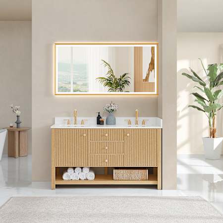 Altair Cecil 60" Free Standing Double Basin Vanity Set with Cabinet and Engineered Stone Vanity Top White Oak