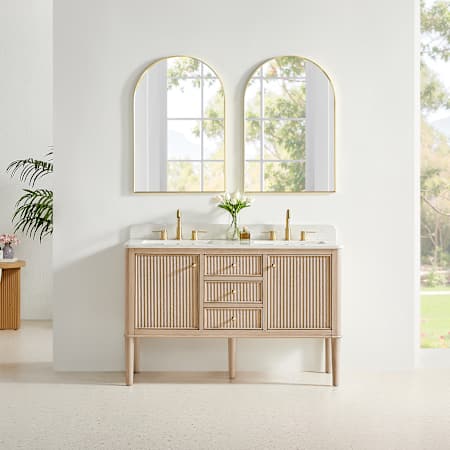 Altair Blaise 54" Free Standing or Wall Mounted Double Basin Vanity Set with Cabinet and Engineered Stone Vanity Top Light Oak