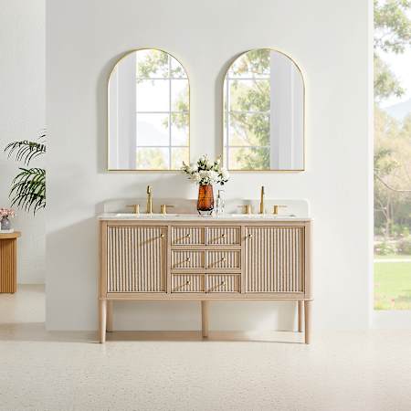 Altair Blaise 60" Free Standing or Wall Mounted Double Basin Vanity Set with Cabinet and Engineered Stone Vanity Top Light Oak