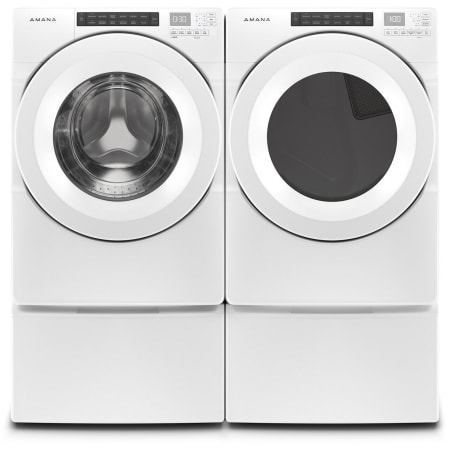 Amana 27 Inch Wide 4.3 Cu. Ft. Electric Washer and 27 Inch Wide 7.4 Cu. Ft. Electric Dryer Laundry Pair with Storage Pedestal and Sensor Drying White