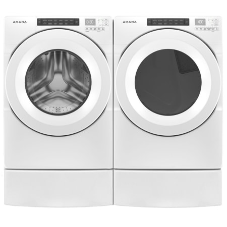 Amana 27 Inch Wide 4.3 Cu. Ft. Electric Washer and 27 Inch Wide 7.4 Cu. Ft. Gas Dryer Laundry Pair with Pedestal, affresh® Cycle, and Sensor Drying White