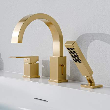 Anzzi Nite Deck Mounted Roman Tub Filler with Built-In Diverter - Includes Hand Shower Brushed Gold