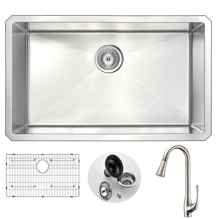 Anzzi Vanguard 30" Single Basin Stainless Steel Undermount Kitchen Sink with Singer Series 1.95 GPM Faucet - Includes Basin Rack and Basket Strainer Satin / Brushed Nickel