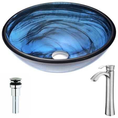 Anzzi Soave Brass and Glass 16-1/2" Vessel Bathroom Sink with Harmony Series 1.5 GPM Faucet - Includes Drain Assembly Sapphire Wisp / Brushed Nickel
