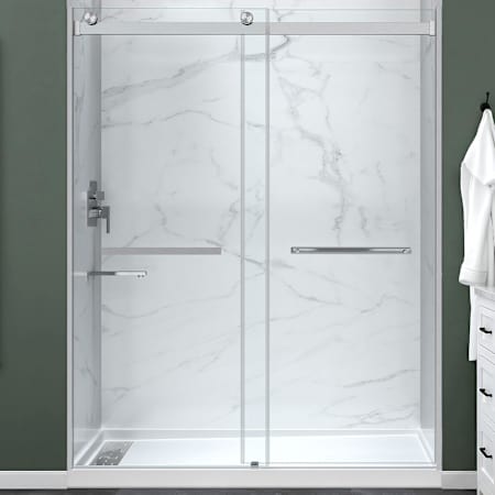 Anzzi Kahn 76" High x 48" Wide Bypass Clear Glass Sliding Frameless Shower Door with Left Drain Alcove Moisture Resistant Shower Base Brushed Nickel