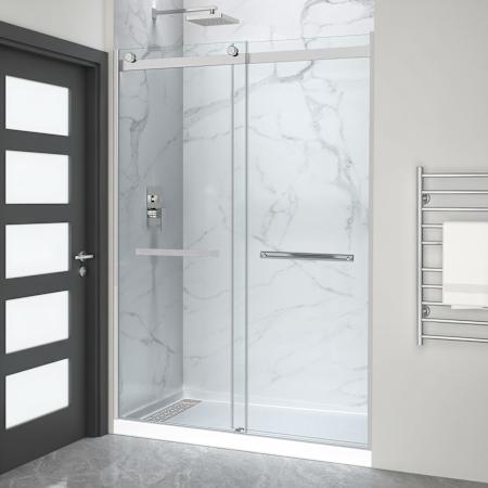 Anzzi Kahn 76" High x 60" Wide Bypass Clear Glass Sliding Frameless Shower Door with Left Drain Alcove Shower Base Brushed Nickel