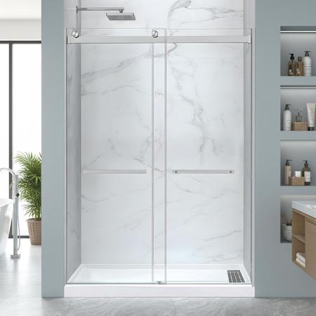Anzzi Kahn 76" High x 32" Wide Bypass Clear Glass Sliding Frameless Shower Door with Right Drain Alcove Moisture Resistant Shower Base Brushed Nickel