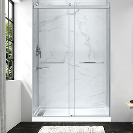 Anzzi Kahn 76" High x 60" Wide Bypass Clear Glass Sliding Frameless Shower Door with Left Drain Alcove Slip Resistant Shower Base Brushed Nickel