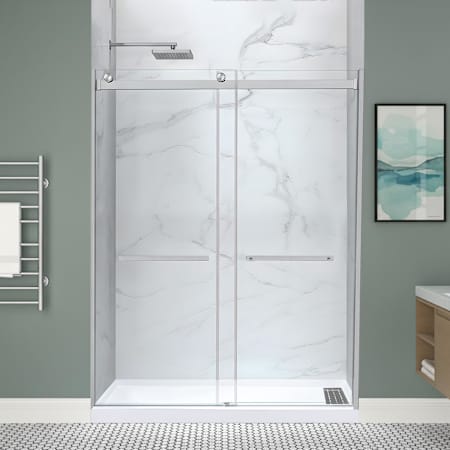 Anzzi Kahn 76" High x 60" Wide Bypass Clear Glass Sliding Frameless Shower Door with Right Drain Alcove Moisture Resistant Shower Base Brushed Nickel