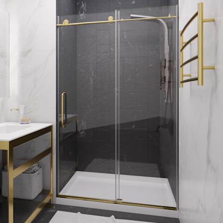Anzzi Madam 76" High x 48" Wide Sliding Frameless Shower Door with Tempered Glass Brushed Gold