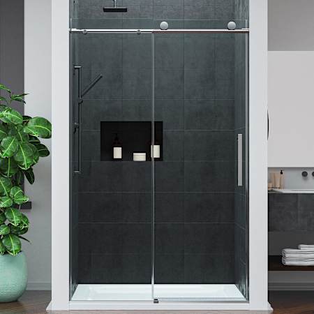 Anzzi Mountain 76" High x 48" Wide Sliding Frameless Shower Door with Clear Tempered Glass Brushed Nickel
