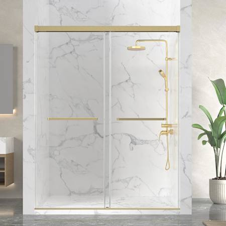 Anzzi Ward 76" High x 48" Wide Sliding Frameless Shower Door with Clear Tempered Glass Brushed Gold
