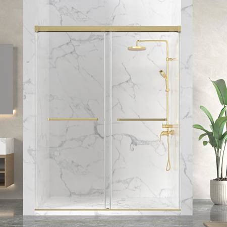 Anzzi Ward 76" High x 60" Wide Sliding Frameless Shower Door with Clear Tempered Glass Brushed Gold