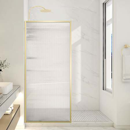 Anzzi Welle 34" Wide x 74" High Fixed Framed Shower Screen with 5/16" Tempered Fluted Glass Brushed Gold / Fluted Glass