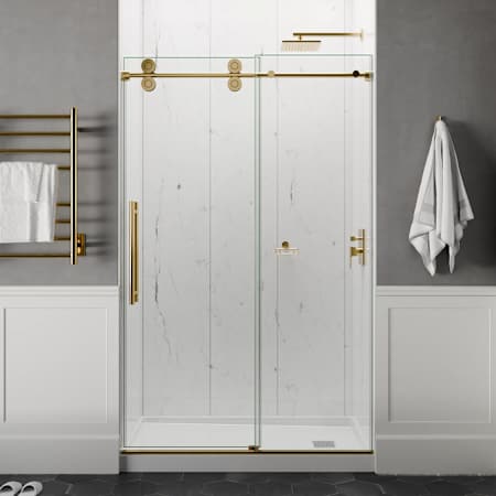 Anzzi 76" High x 60" Wide Sliding Frameless Shower Door with Clear Glass Brushed Gold