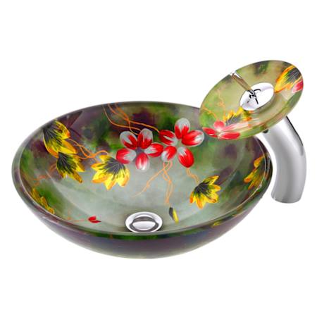 Anzzi Impasto 16-1/2" Glass Vessel Bathroom Sink with 2.2 (GPM) Single Hole Waterfall Faucet and Polished Chrome Drain Assembly Included Hand Painted Mural