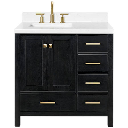 Ariel Cambridge 36" Free Standing Single Basin Vanity Set with Cabinet and Quartz Vanity Top Black Oak / Carrara White Quartz / Satin Brass Hardware