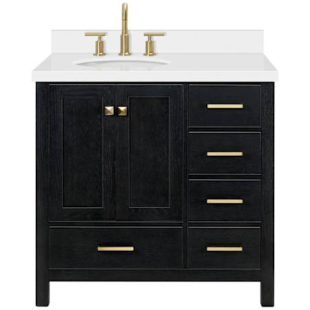 Ariel Cambridge 37" Free Standing Single Basin Vanity Set with Cabinet and Quartz Vanity Top Black Oak / Pure White Quartz / Satin Brass Hardware