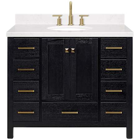 Ariel Cambridge 43" Free Standing Single Basin Vanity Set with Cabinet and Quartz Vanity Top Black Oak / Carrara White Quartz / Satin Brass Hardware