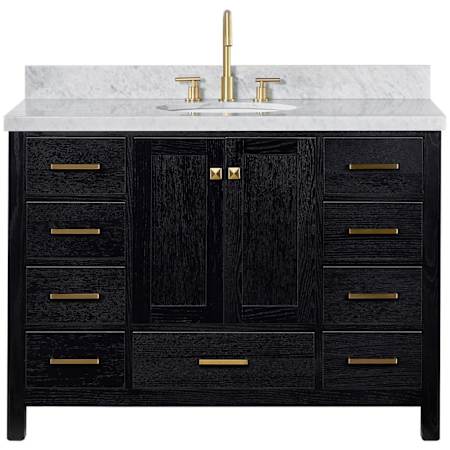 Ariel Cambridge 48" Free Standing Single Basin Vanity Set with Wood Cabinet, Marble Vanity Top, and Oval Bathroom Sink Black Oak / Carrara White Marble / Satin Brass Hardware