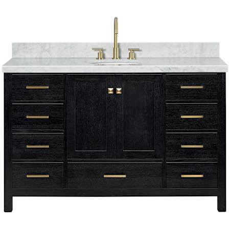 Ariel Cambridge 54" Free Standing Single Basin Vanity Set with Wood Cabinet, Marble Vanity Top, and Oval Bathroom Sink Black Oak / Carrara White Marble / Satin Brass Hardware