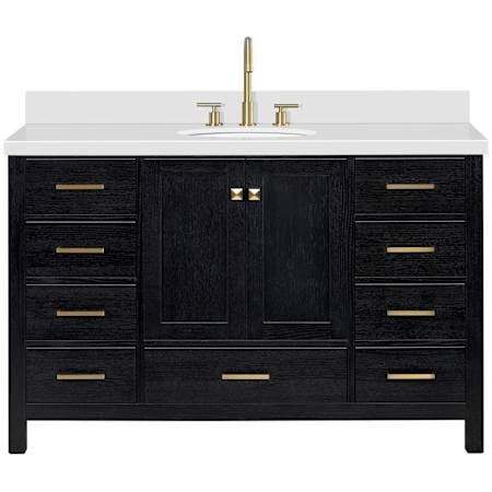 Ariel Cambridge 54" Free Standing Single Basin Vanity Set with Cabinet, Quartz Vanity Top, and Oval Bathroom Sink Black Oak / Pure White Quartz / Satin Brass Hardware
