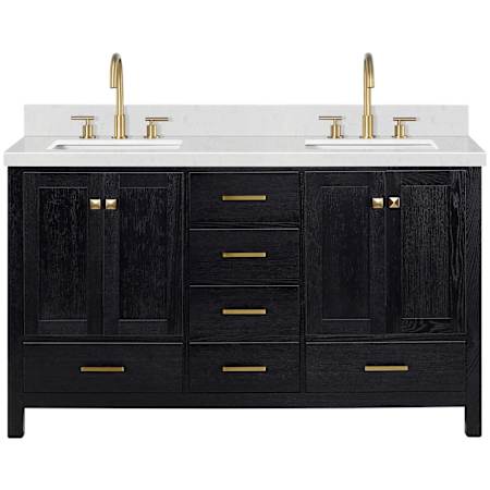 Ariel Cambridge 60" Free Standing Double Basin Vanity Set with Cabinet and Quartz Vanity Top Black Oak / Carrara White Quartz / Satin Brass Hardware