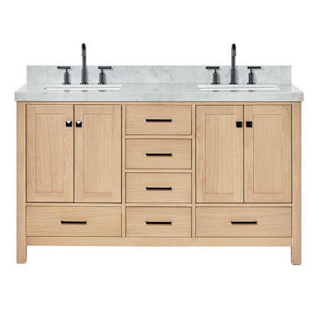 Ariel Cambridge 60" Free Standing Double Basin Vanity Set with Cabinet and Marble Vanity Top Oak / Carrara Marble Top / Matte Black Hardware