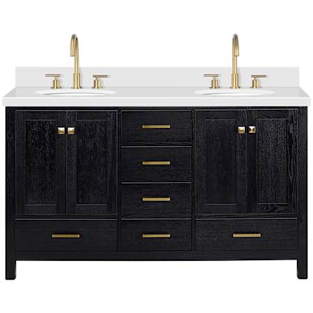 Ariel Cambridge 61" Free Standing Double Basin Vanity Set with Cabinet and Quartz Vanity Top Black Oak / Pure White Quartz / Satin Brass Hardware