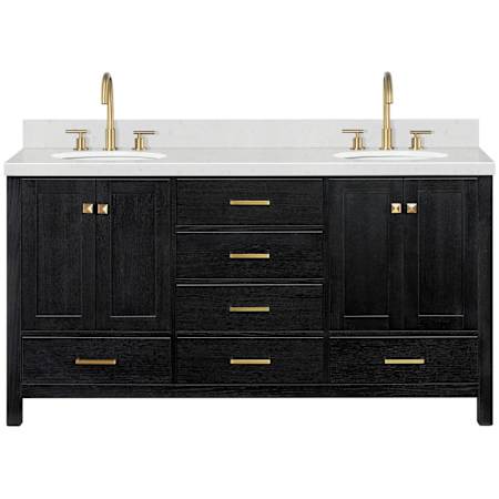 Ariel Cambridge 67" Free Standing Double Basin Vanity Set with Cabinet and Quartz Vanity Top Black Oak / Carrara White Quartz / Satin Brass Hardware