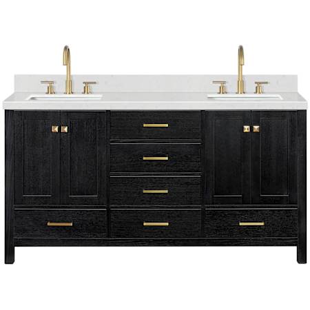 Ariel Cambridge 67" Free Standing Double Basin Vanity Set with Cabinet and Quartz Vanity Top Black Oak / Carrara White Quartz / Satin Brass Hardware