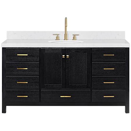 Ariel Cambridge 67" Free Standing Single Basin Vanity Set with Cabinet and Quartz Vanity Top Black Oak / Carrara White Quartz / Satin Brass Hardware