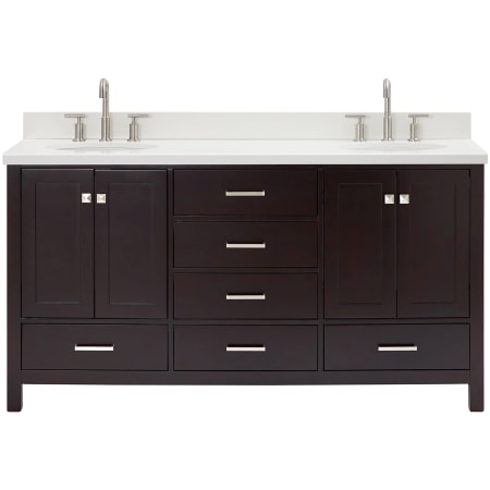 Ariel Cambridge 67" Free Standing Double Oval Basin Vanity Set with Cabinet and 1-1/2" Thick White Quartz Vanity Top Espresso