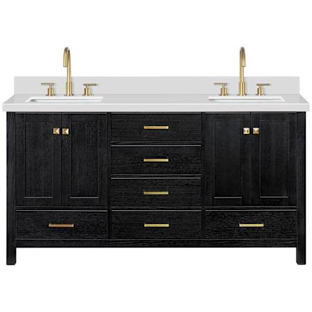 Ariel Cambridge 67" Free Standing Double Basin Vanity Set with Cabinet and Quartz Vanity Top Black Oak / Pure White Quartz / Satin Brass Hardware