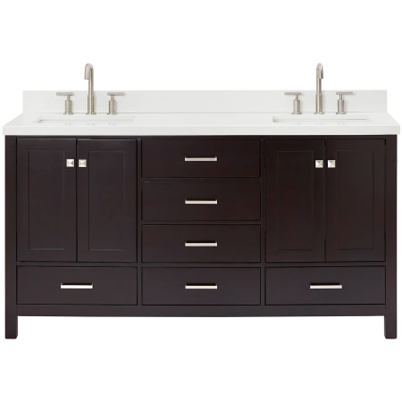 Ariel Cambridge 67" Free Standing Double Rectangular Basin Vanity Set with Cabinet and 1-1/2" Thick White Quartz Vanity Top Espresso